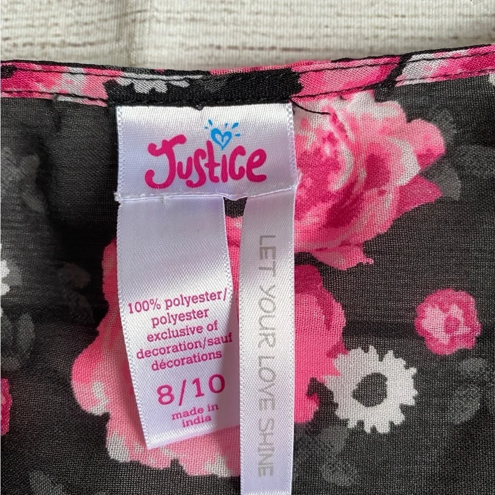 Justice Girls’ Black and Pink Floral Kimono Top with Black Fringe in Size 8/10